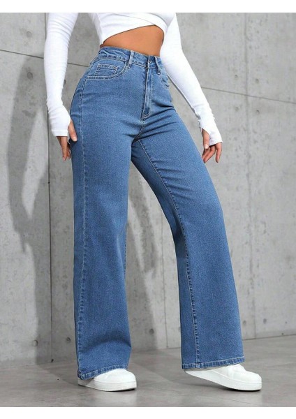 Kadın Baggy Fit Denim Jean Yıkamalı Pantolon