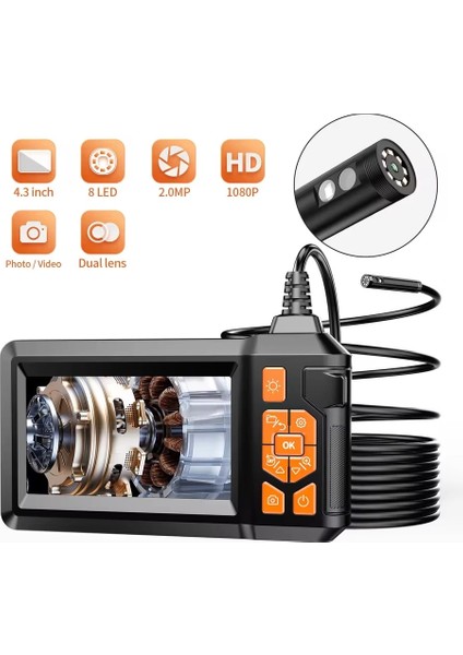 30 mt Ekranlı 2 Kameralı Endoskop Yılan Kamera Hafıza Girişli Sert Kablo Işıklı 8 mm
