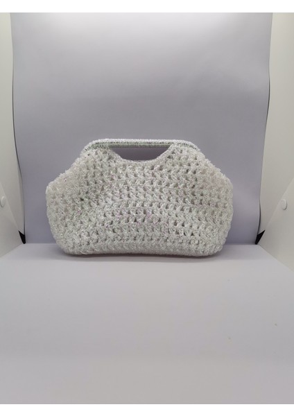 Burslu Clutch Çanta Beyaz Simli Metalik Kağıt Ip El Yapımı
