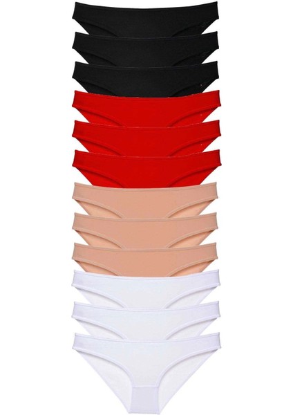 12 Adet Süper Eko Set Likralı Kadın Slip Külot Siyah Kırmızı Ten Beyaz