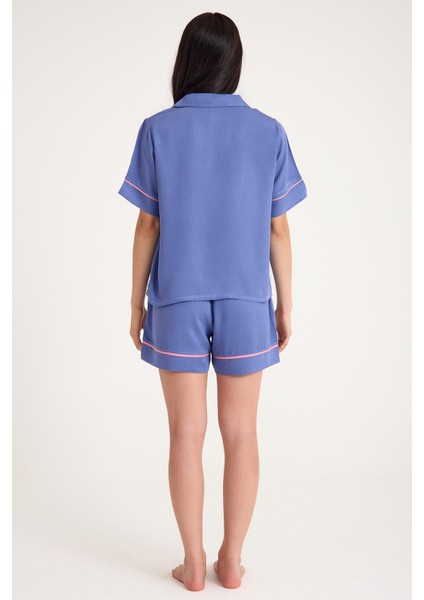 Dream Mavi/pembe Kısa Kollu Şortlu Önden Düğmeli 4 Parça Pijama Takım Set modelleri