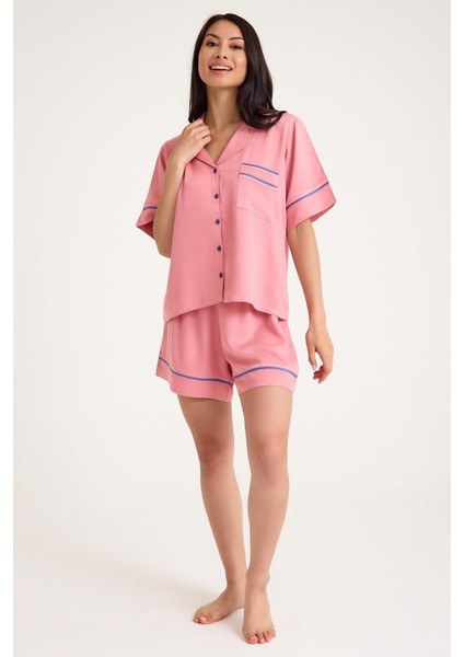 Dream Mavi/pembe Kısa Kollu Şortlu Önden Düğmeli 4 Parça Pijama Takım Set fırsatları
