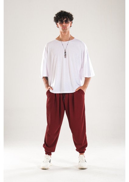 Erkek Fitilli Bordo Relax Fit Pileli Şalvar Pantolon COC1127