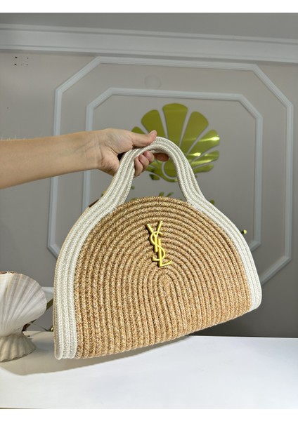 Logolu Detaylı Hasır Jüt Clutch Çanta