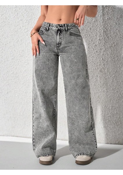 Kadın Baggy Fit Denim Jean Yıkamalı Pantolon