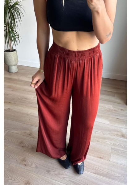 Kiremit Beli Lastikli Bol Paça Dökümlü Saten Pantolon