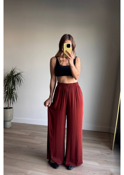 Kiremit Beli Lastikli Bol Paça Dökümlü Saten Pantolon modelleri