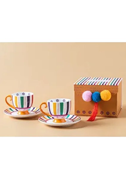 Eotic Strip New Bone China 2'li Kahve Fincan Takımı Renkli