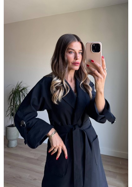 Siyah Astarlı Kuşaklı Kol Kemerli Trençkot fiyatları