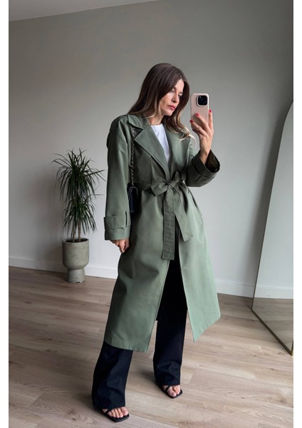 Olive Kuşaklı Astarlı Yırtmaçlı Oversize Trençkot