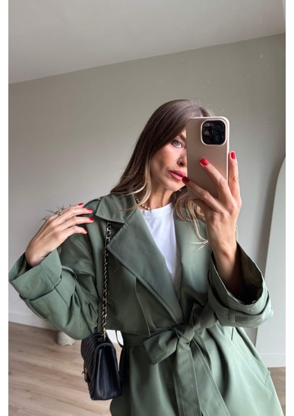 Olive Kuşaklı Astarlı Yırtmaçlı Oversize Trençkot fiyatları