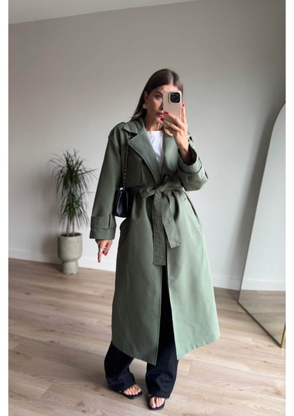 Olive Kuşaklı Astarlı Yırtmaçlı Oversize Trençkot modelleri