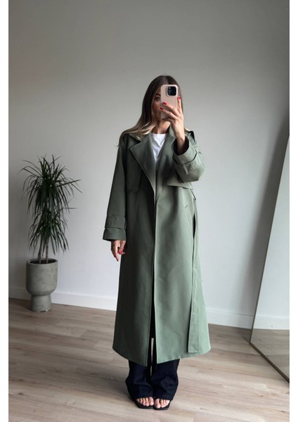 Olive Kuşaklı Astarlı Yırtmaçlı Oversize Trençkot fırsatları