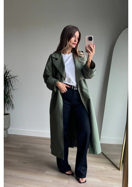 Olive Kuşaklı Astarlı Yırtmaçlı Oversize Trençkot indirimleri