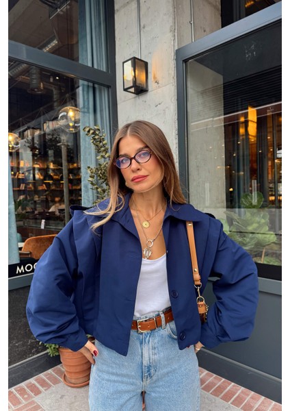 Lacivert Pile Detaylı Astarlı Ceket