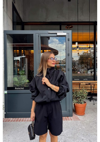 Siyah Dik Yaka Altı Lastikli Bomber Ceket