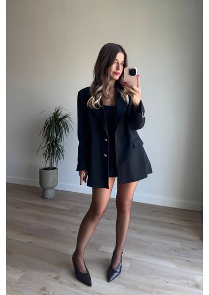 Siyah Gümüş Düğmeli Oversize Astarlı Blazer Ceket modelleri
