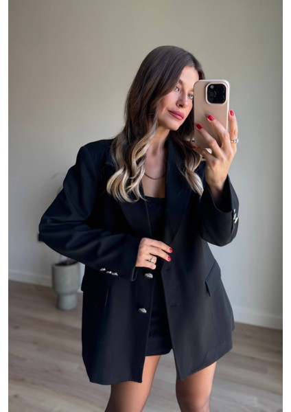 Siyah Gümüş Düğmeli Oversize Astarlı Blazer Ceket indirimleri