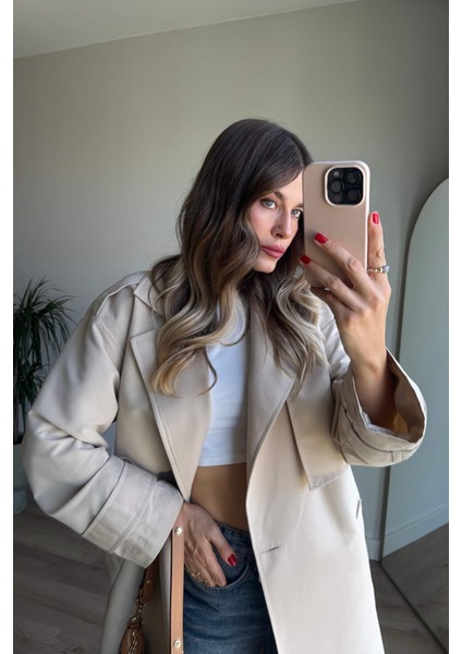 Taş Rengi Kuşaklı Astarlı Yırtmaçlı Oversize Trençkot fiyatları