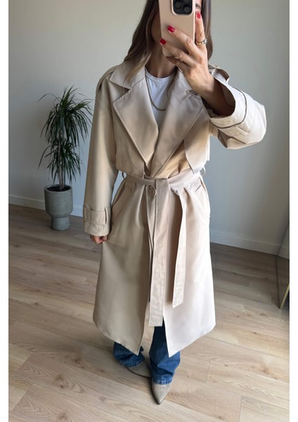 Taş Rengi Kuşaklı Astarlı Yırtmaçlı Oversize Trençkot modelleri