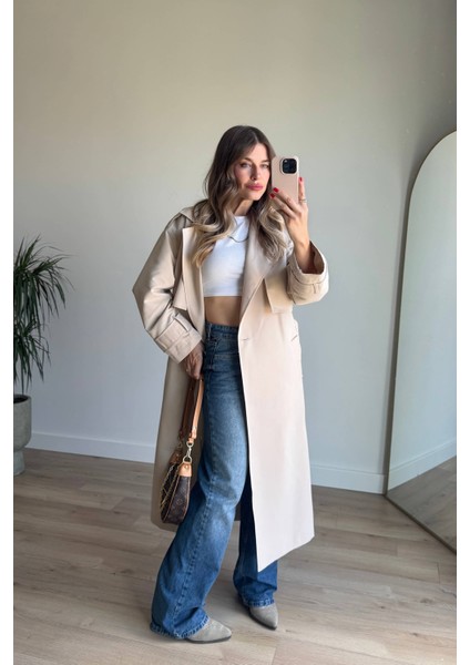 Taş Rengi Kuşaklı Astarlı Yırtmaçlı Oversize Trençkot fırsatları
