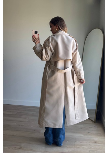 Taş Rengi Kuşaklı Astarlı Yırtmaçlı Oversize Trençkot indirimleri