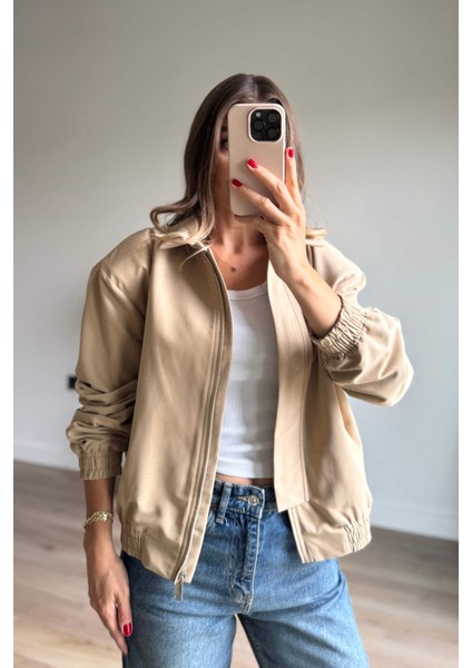 Bej Beli Lastikli Fermuarlı Astarlı Su Geçirmez Bomber Ceket fiyatları