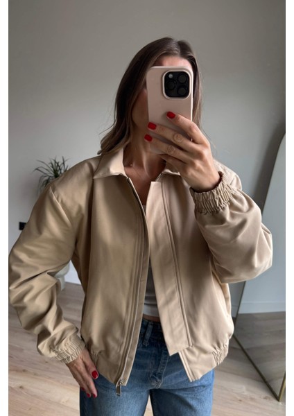 Bej Beli Lastikli Fermuarlı Astarlı Su Geçirmez Bomber Ceket fırsatları