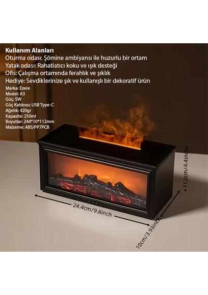 A4 Şömine Esintili Aromaterapi Difüzörü Ultrasonik Hava Nemlendici