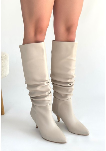 Zelya Bej Cilt Topuklu Çizme