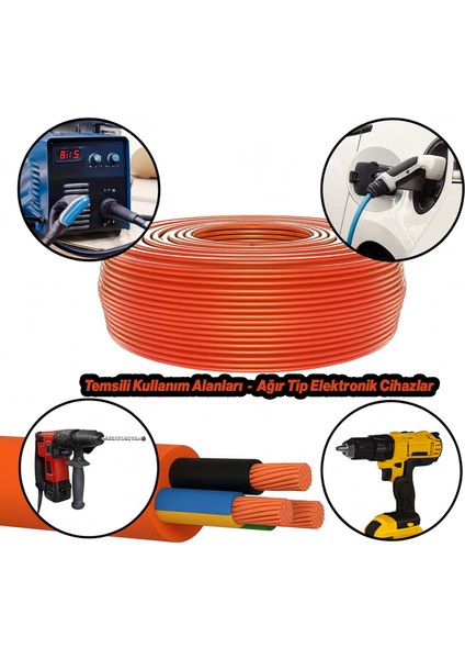 %100 Bakır Çok Telli 3x2.5 mm (30 Metre) Elektrik Kablosu Turuncu Elektrikli Araç Şarj Uygun Uyumlu modelleri