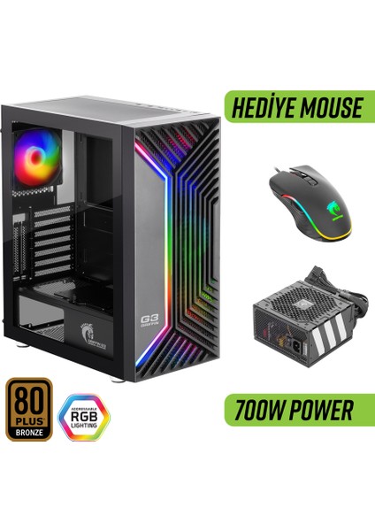 Griffin G3 Plus Argb Gaming Bilgisayar Kasası (4×120MM Fan + Tempered Cam) – 700W 80+ Bronze Psu Dahil