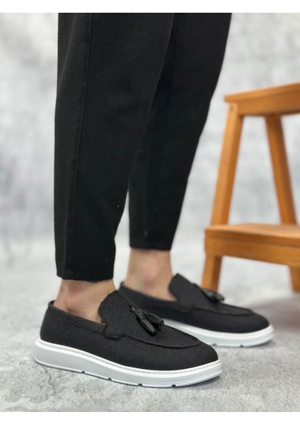 ET0005 Bağcıksız Yüksek Taban Klasik Keten Siyah Püsküllü Erkek Ayakkabı modelleri