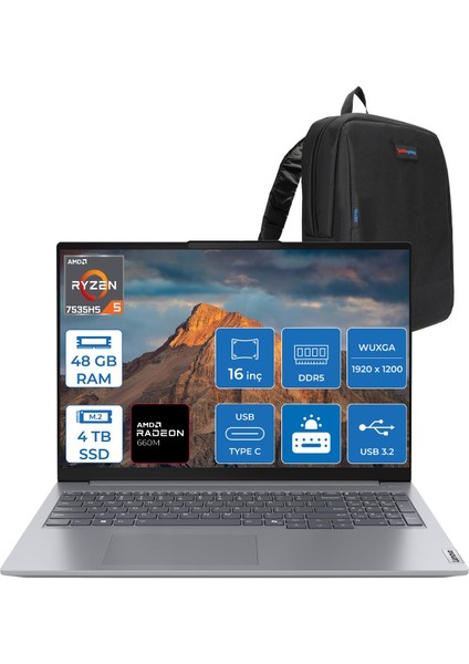 Thinkbook 16 G7 Ryzen 5 7535HS 48GB Ddr5 4tb SSD Amd Radeon 660M 16" Wuxga IPS 300NITS Windows 11 Pro Taşınabilir Bilgisayar 21MW000PTRH20 + Zettaçanta