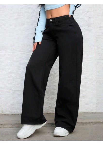 Kadın Baggy Fit Denim Jean Yıkamalı Pantolon