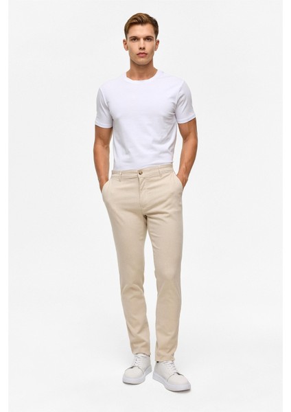 Bej Slim Armürlü Kanvas Pantolon