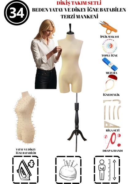 Dikiş Takım Setli - 34 Beden Pantolon Giyebilen Iğne Batabilen Terzi Mankeni – Prova Tasarım Mankeni