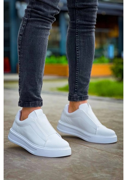 KB-007 Kuback Beyaz Yüksek Taban Tek Bant Bağcıksız Günlük Erkek Ayakkabı