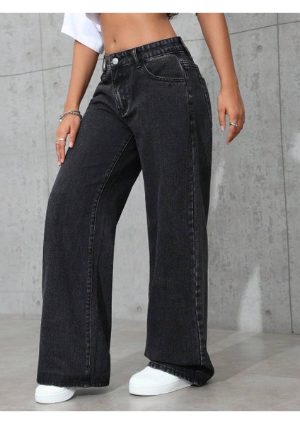 Kadın Baggy Fit Denim Jean Yıkamalı Pantolon