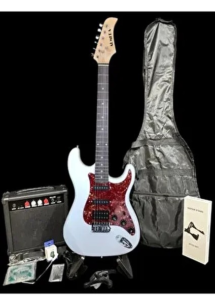 Elektro Gitar Set Beyaz Hss Manyetikli 15W Amfi (Gitar-Amfi-Kablo-Askı-Kapo-Akort Cihazı-Yedek Tel)