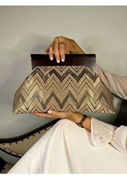 Bahram - Ahşap Burslu Kumaş Portföy Çanta, Clutch, El Çantası