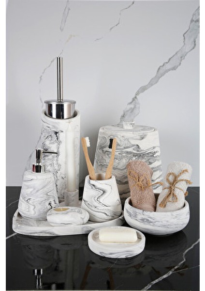 11 Parça Mermer Desenli Beton Banyo Seti Katı Sıvı Sabunluk Diş Fırçalık Çöp Kovası Mumluk Tepsi