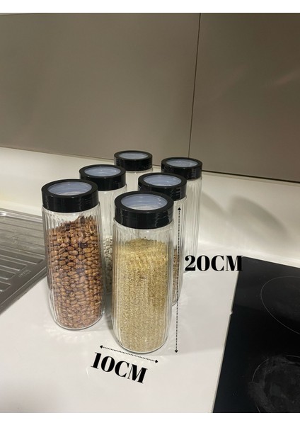 6 Adet Mega Boy Uzun Dik Saydam Kapaklı Çizgili Cam Kavanoz Seti 1500ML Erzak Saklama Kabı