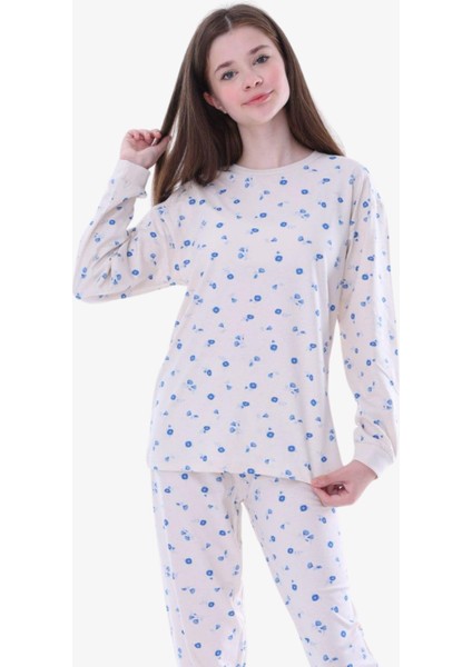 Mavi Çiçekli Kız Pijama - Bej