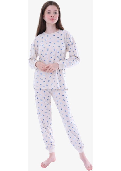 Mavi Çiçekli Kız Pijama - Bej modelleri