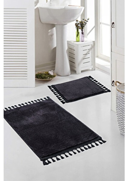Yıkanabilir Ponpon Saçaklı Kaymaz Taban Post Peluş Banyo Paspası 2'li Takım Siyah