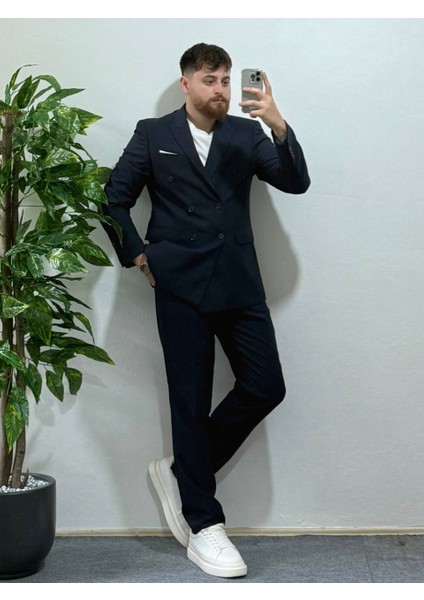 Erkek Lacivert Kruvaze Takım Elbise Modern Slim Fit Şık Damatlık Özel Gün Klasik Takım