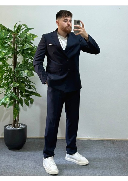 Erkek Lacivert Kruvaze Takım Elbise Modern Slim Fit Şık Damatlık Özel Gün Klasik Takım fiyatları