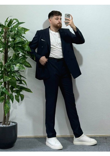 Erkek Lacivert Kruvaze Takım Elbise Modern Slim Fit Şık Damatlık Özel Gün Klasik Takım fırsatları