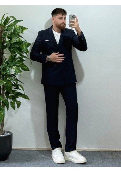 Erkek Lacivert Kruvaze Takım Elbise Modern Slim Fit Şık Damatlık Özel Gün Klasik Takım indirimleri